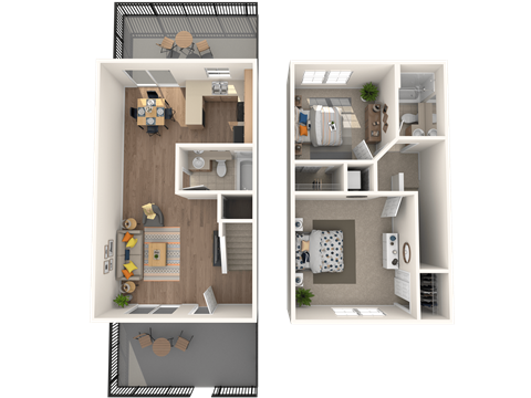 a rendering of the 2nd and 3rd floor layouts of a 1 bedroom apartment